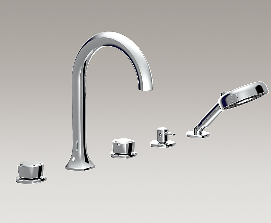 凯诗5孔双把缸边式浴缸花洒龙头(曲管型出水嘴,柱型把手)