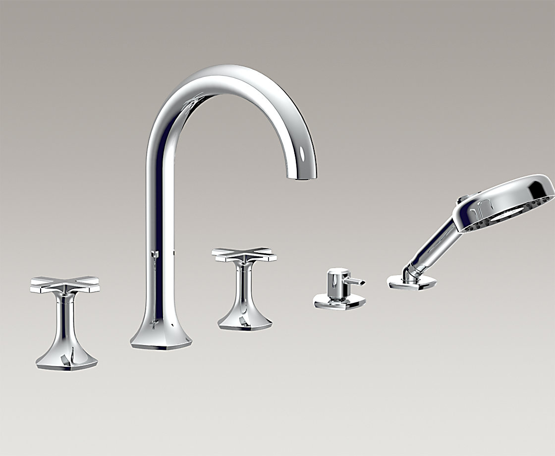 凯诗5孔双把缸边式浴缸花洒龙头(曲管型出水嘴,十字型把手)