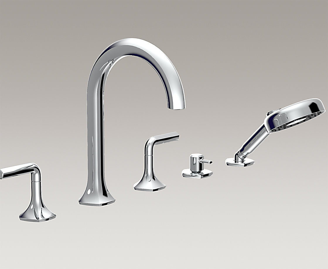 凯诗5孔双把缸边式浴缸花洒龙头(曲管型出水嘴,杆型把手)