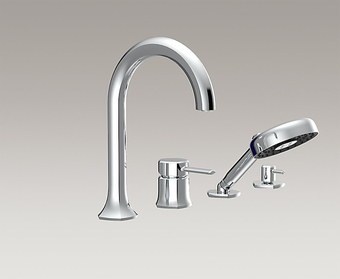 凯诗4孔缸边式浴缸花洒龙头(曲管型出水嘴,杆型把手)